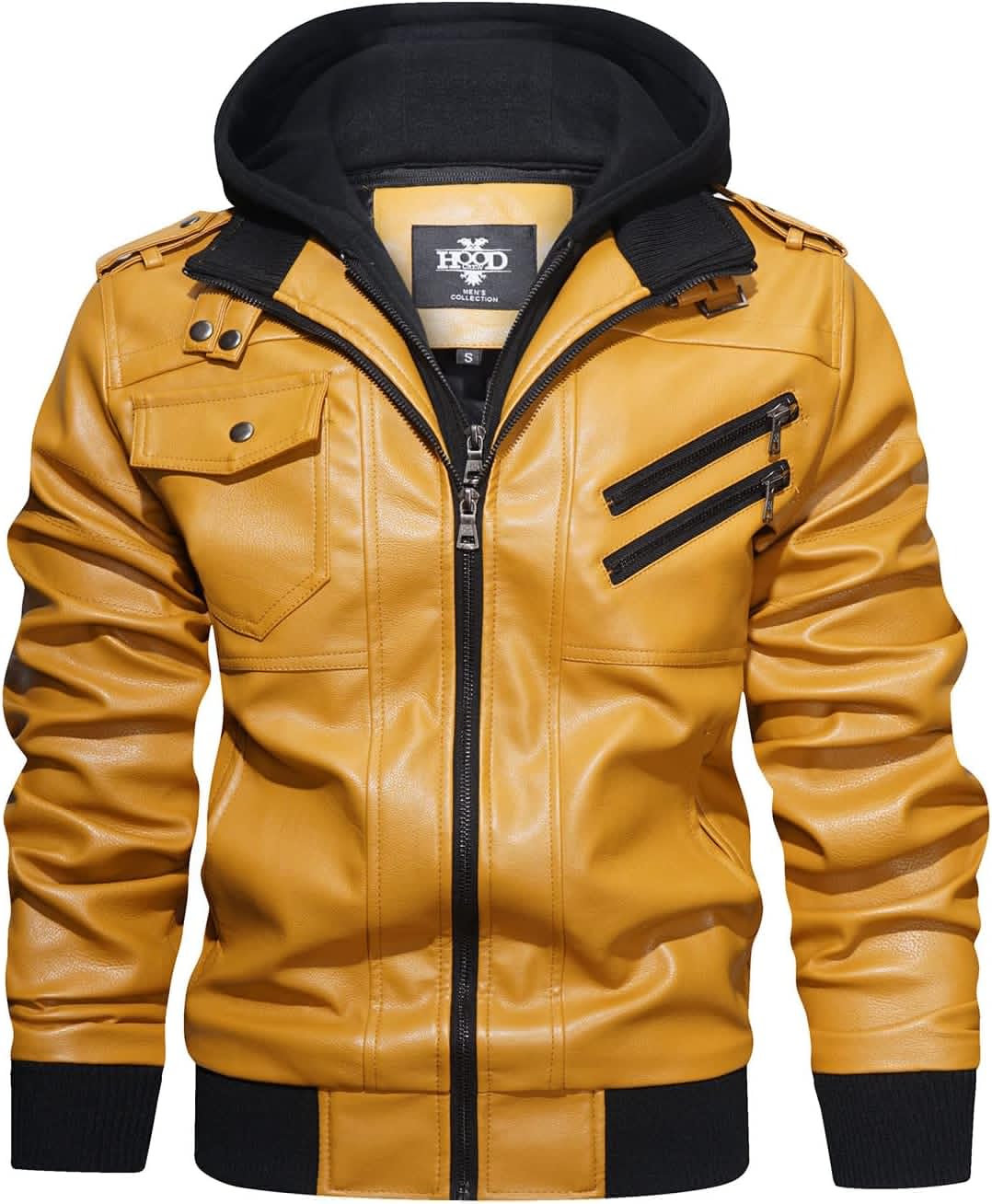 HOOD CREW Mens Casual Stand Collar PU Faux Leather Jacket