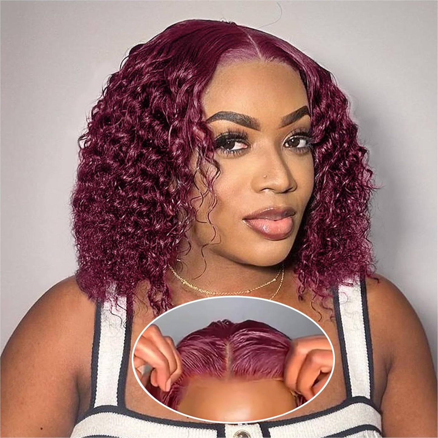 Curly Bob Wig Human Hair 200% Density Burgundy 12 Inch Style