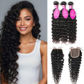 12A Human Hair Bundles with Closure Deep Wave 3 Bundles + 4x4 HD Lace
