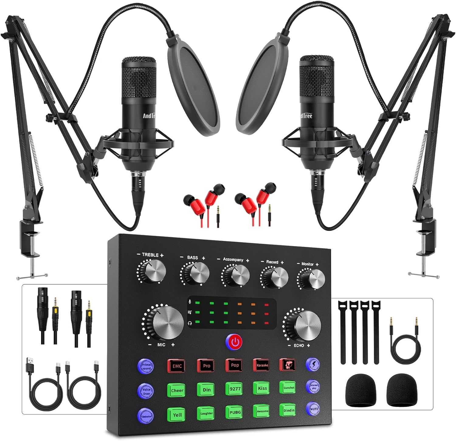 Podcast Equipment Bundle for 2 with Audio Interface and Mixer