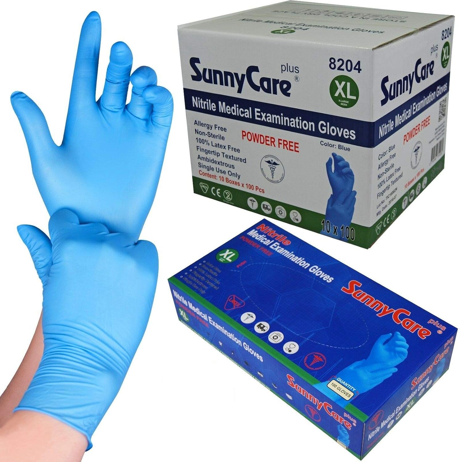 Blue Nitrile Medical Exam Gloves by SunnyCare - X-Large Size