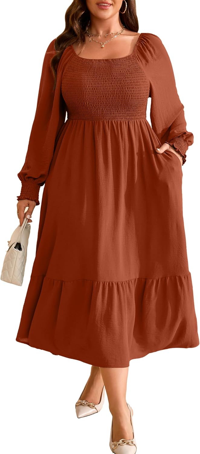 Plus Size Long Sleeve Floral Maxi Dress with Pockets for Women