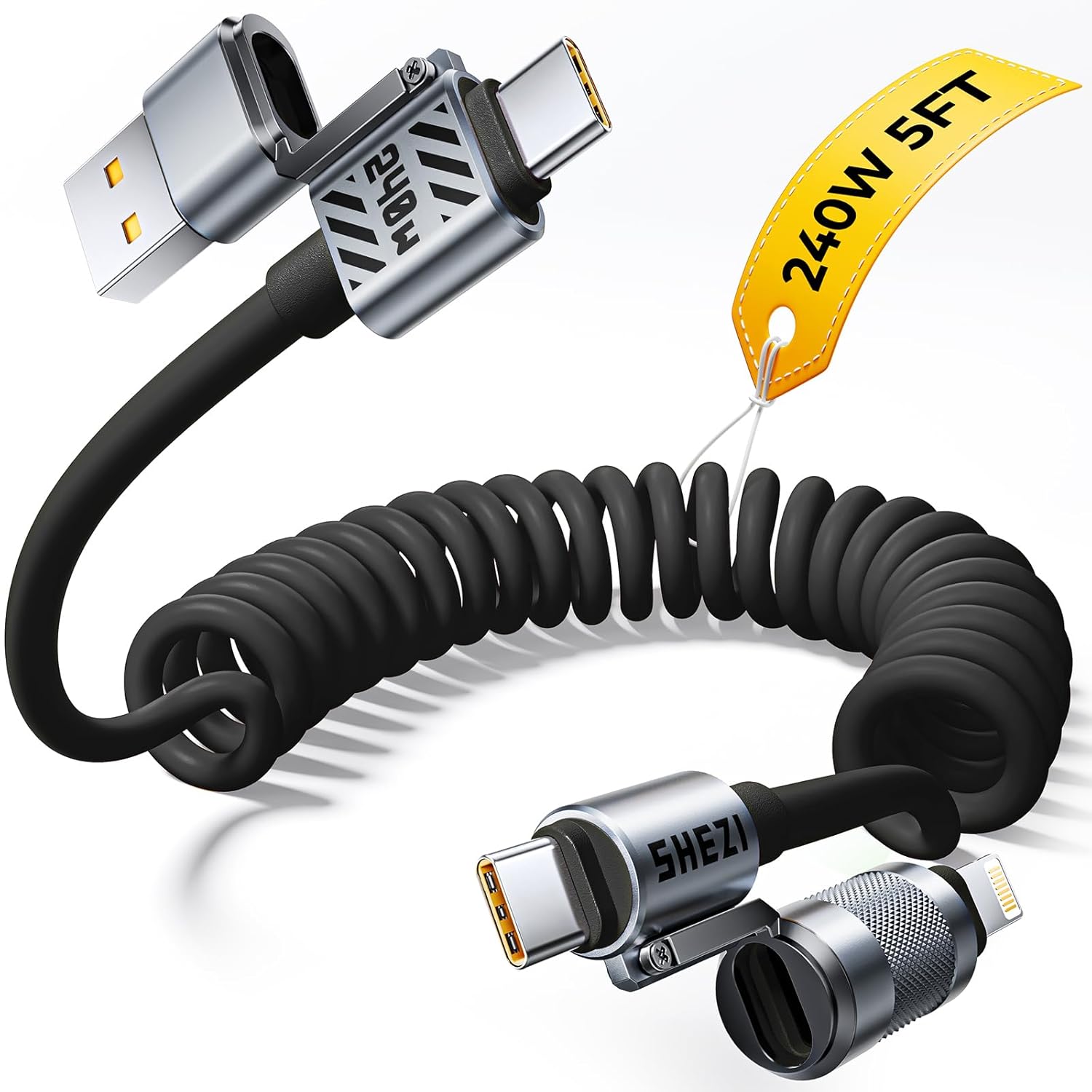 Coiled Black Cable 4-in-1 USB C Charger for Fast Charging