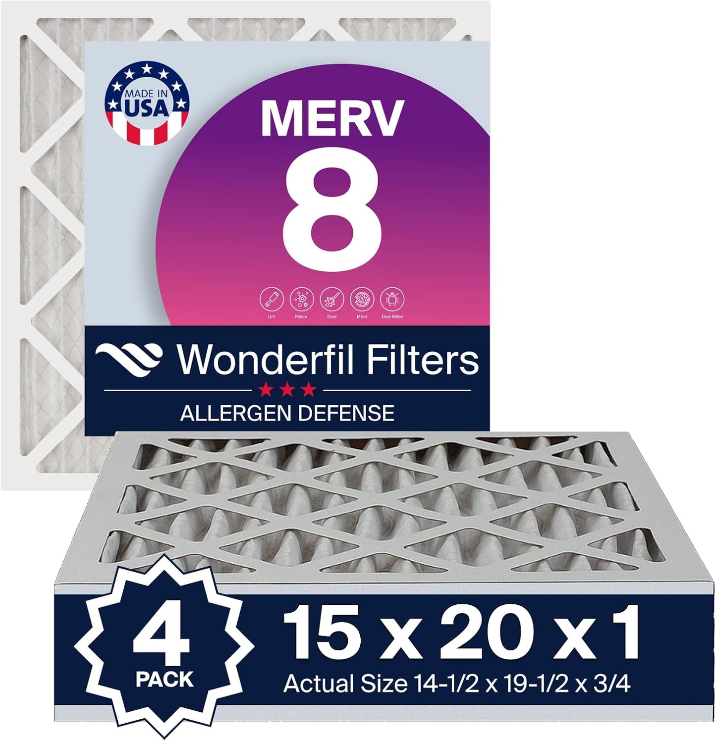 15x20x1 MERV 8 Air Filter for HVAC Systems - 4-Pack
