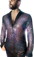 Mens Mesh Sequins See Through Disco Long Sleeve Shirt for Parties