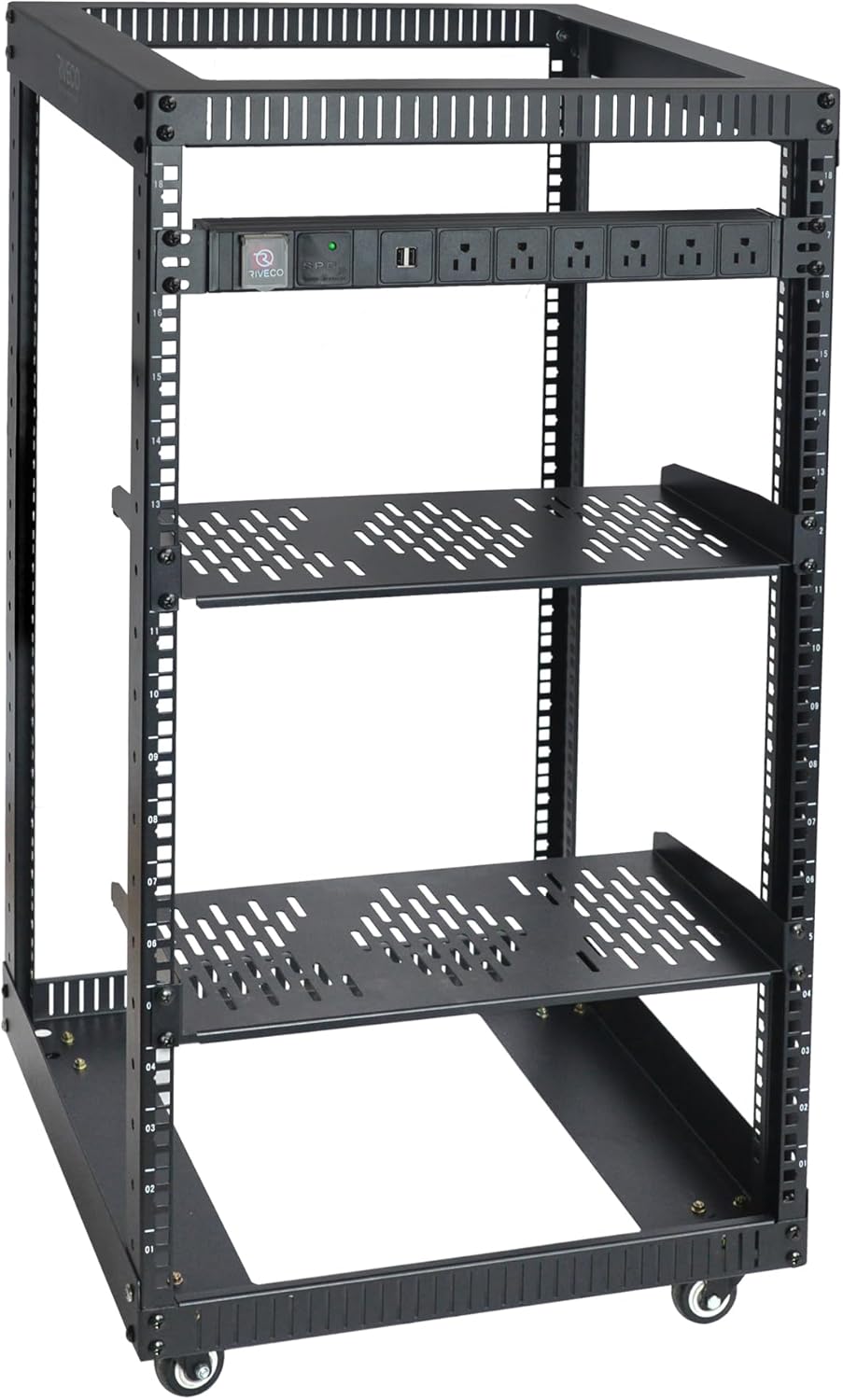 RIVECO 18U Open Frame Server Rack with Brake Casters and PDU