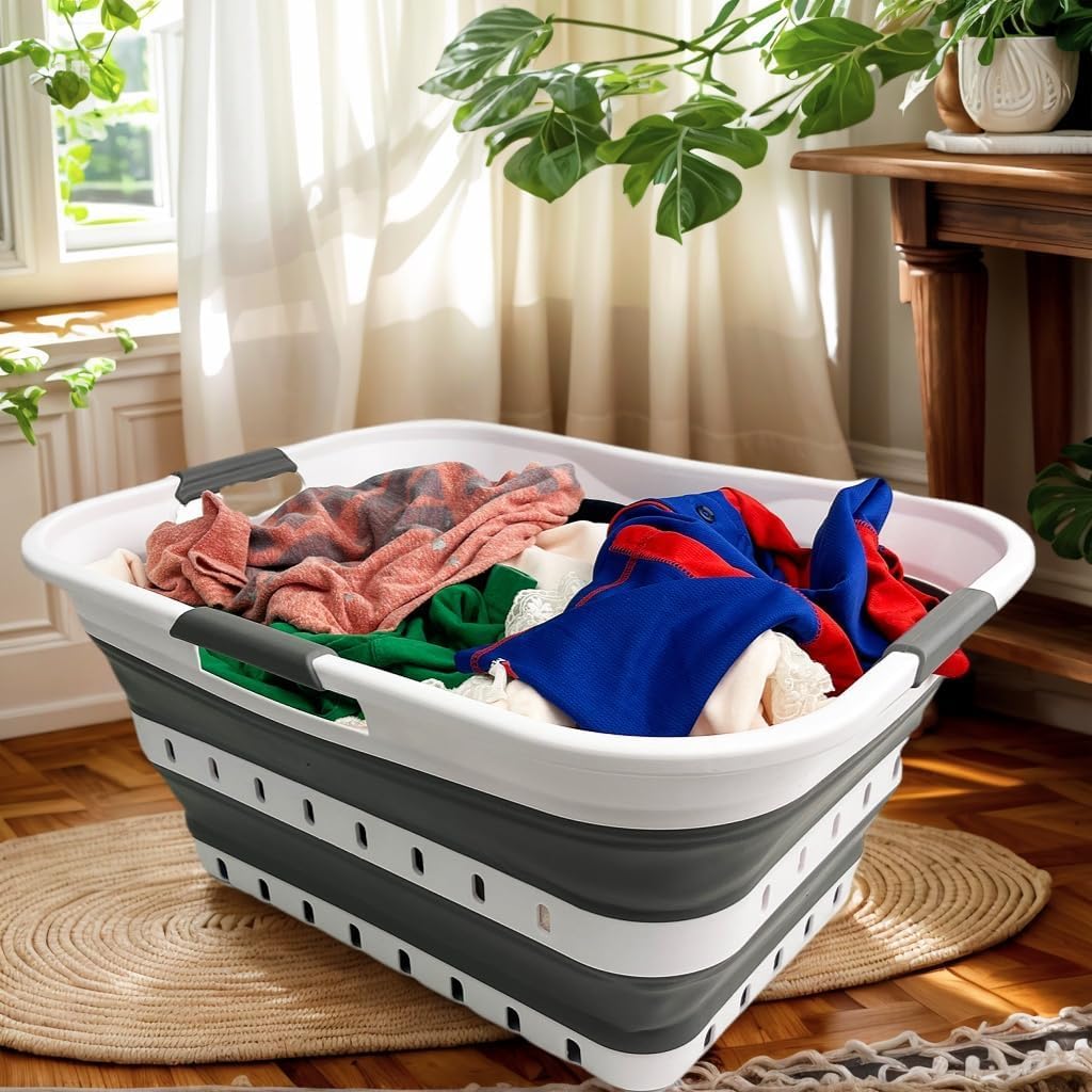 Collapsible Plastic Laundry Basket by SAMMART - Space Saving Design
