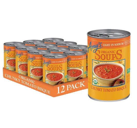 Amys Organic Chunky Tomato Bisque Soup, Light in Sodium, 12 Pack