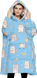 Wearable Blanket Hoodie for Adults Sherpa Blue Cat Patterns