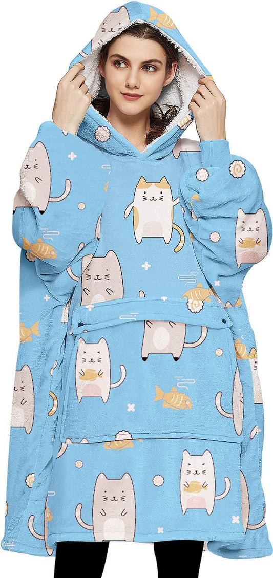 Wearable Blanket Hoodie for Adults Sherpa Blue Cat Patterns