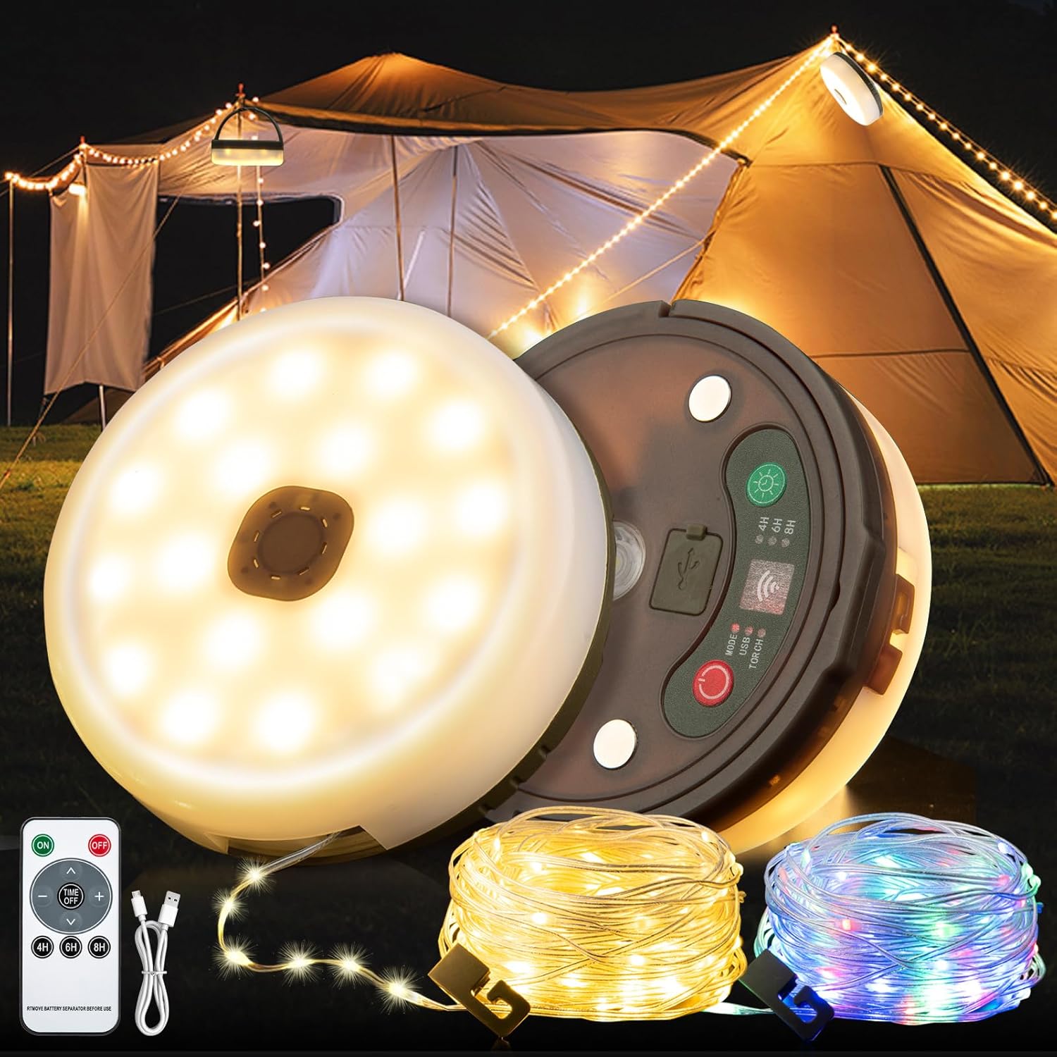 2-Pack Camping String Lights with Remote Control for Outdoor Use