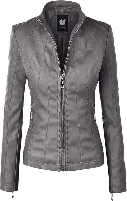 Stylish Faux Leather Moto Biker Jacket with Removable Hood