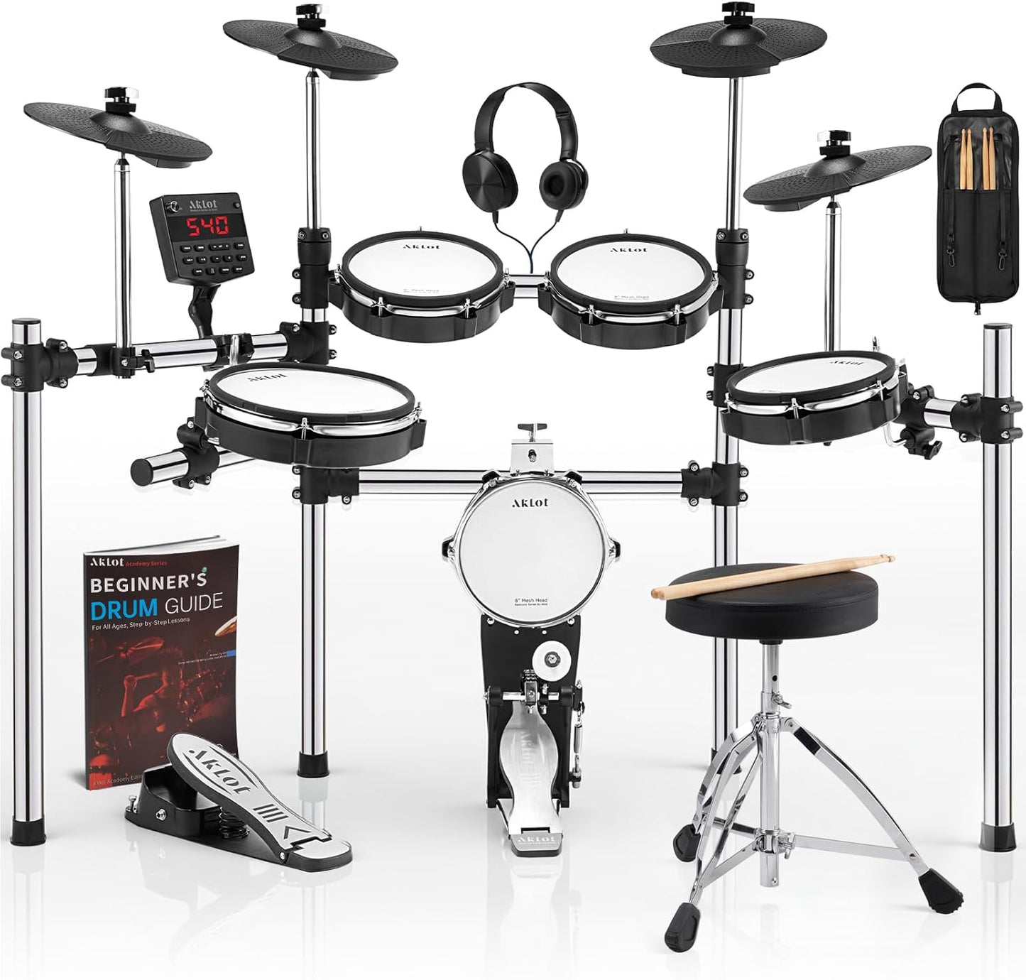 AKLOT Electric Drum Set: 4 Mesh Pads, 8 Kick Tower, 360 Sounds