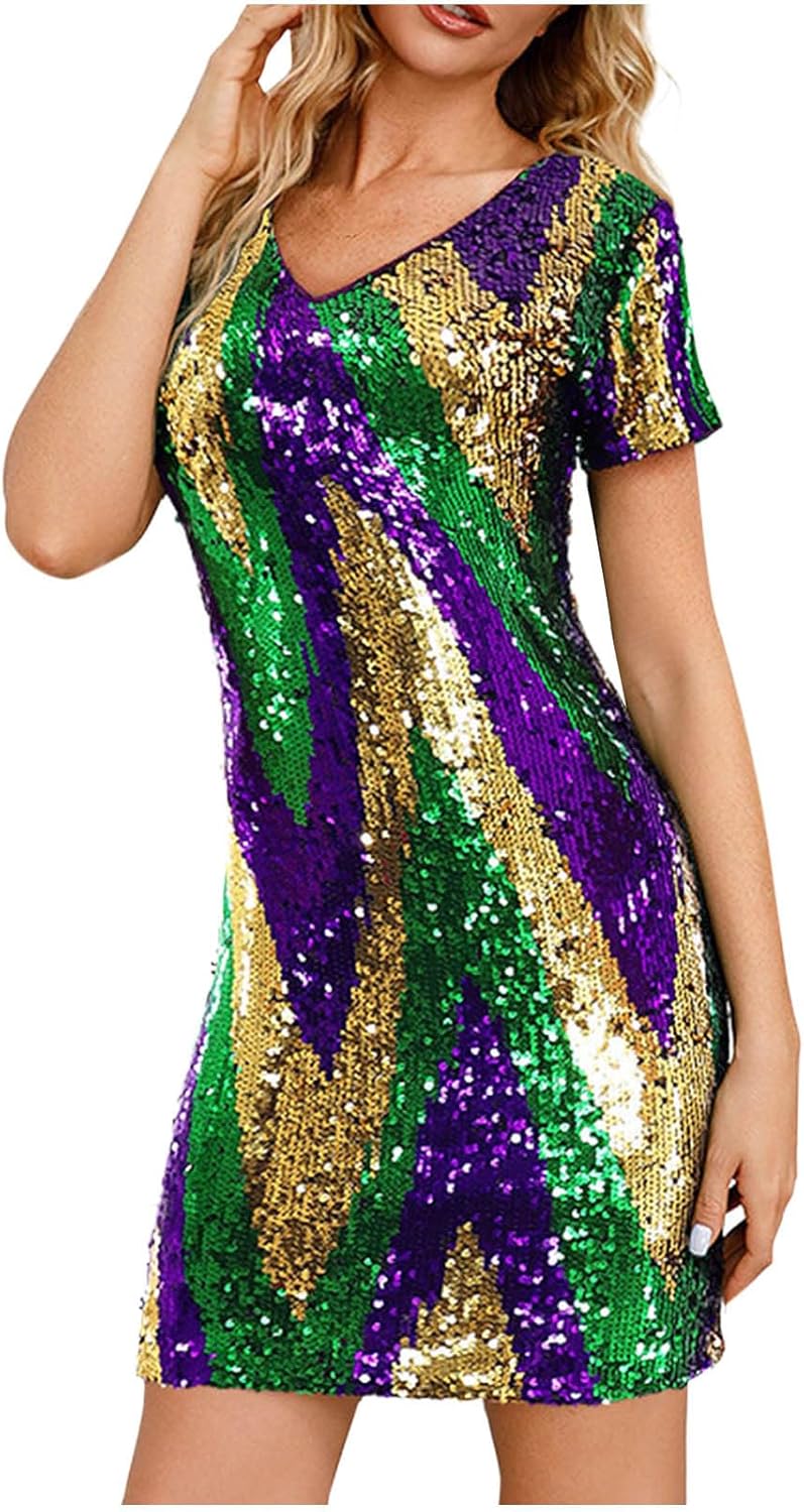 Sparkle in Style: Mardi Gras Sequin V-Neck Mini Dress
