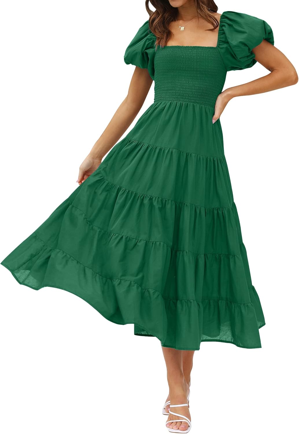 ZESICA Women's Summer Square Neck Puff Sleeve Midi Dress