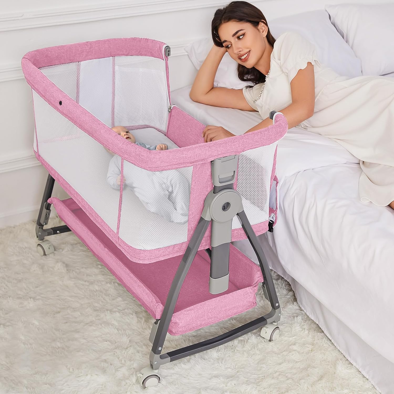 Pink Bassinet for Baby Girl - 3-in-1 Bedside Sleeper with Wheels