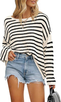 Striped Knit Oversized Boat Neck Sweater - Casual Lightweight Pullover