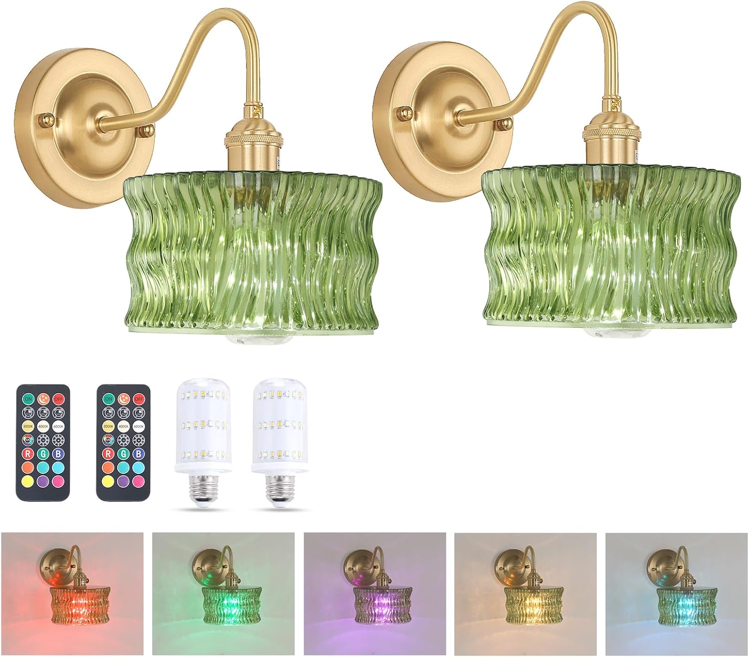 Battery Operated Wall Sconce Set of 2 with Vintage Glass Shade