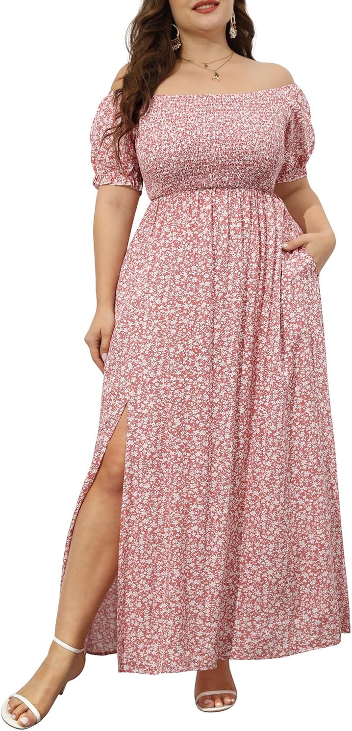 Plus Size Summer Dresses - Boho Casual Off Shoulder Maxi Dress