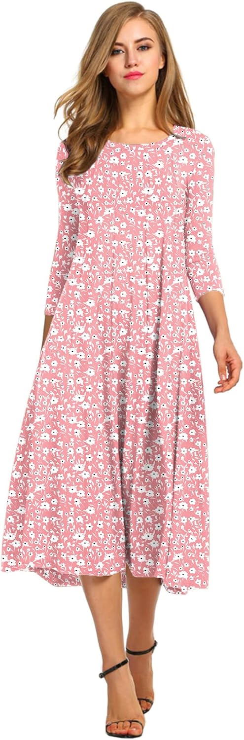 HOTOUCH Women's 3/4 Sleeve A-line Midi Long Dress for Elegance
