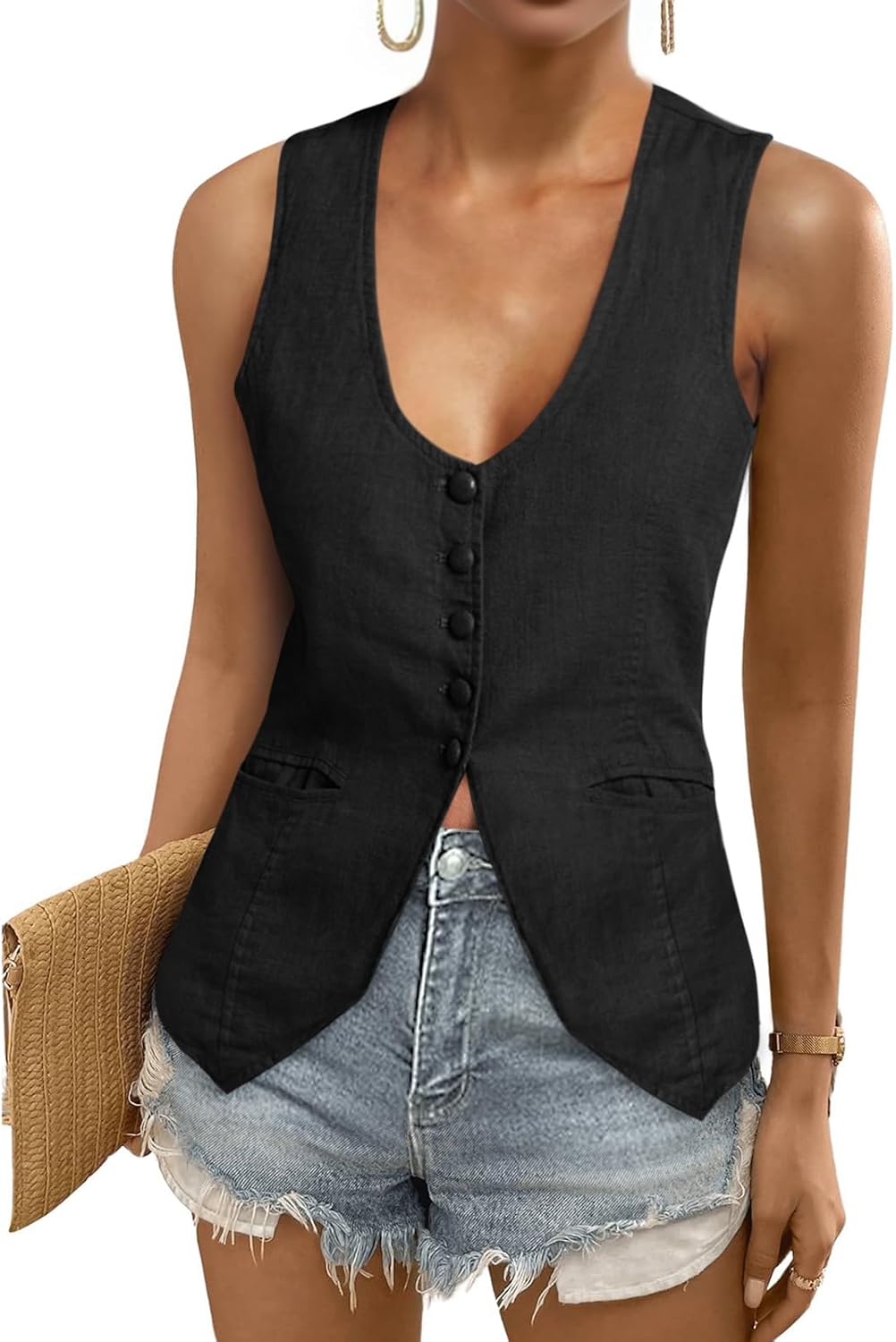 Tankaneo Womens Scoop Neck Blazer Vest for Summer Casual Wear
