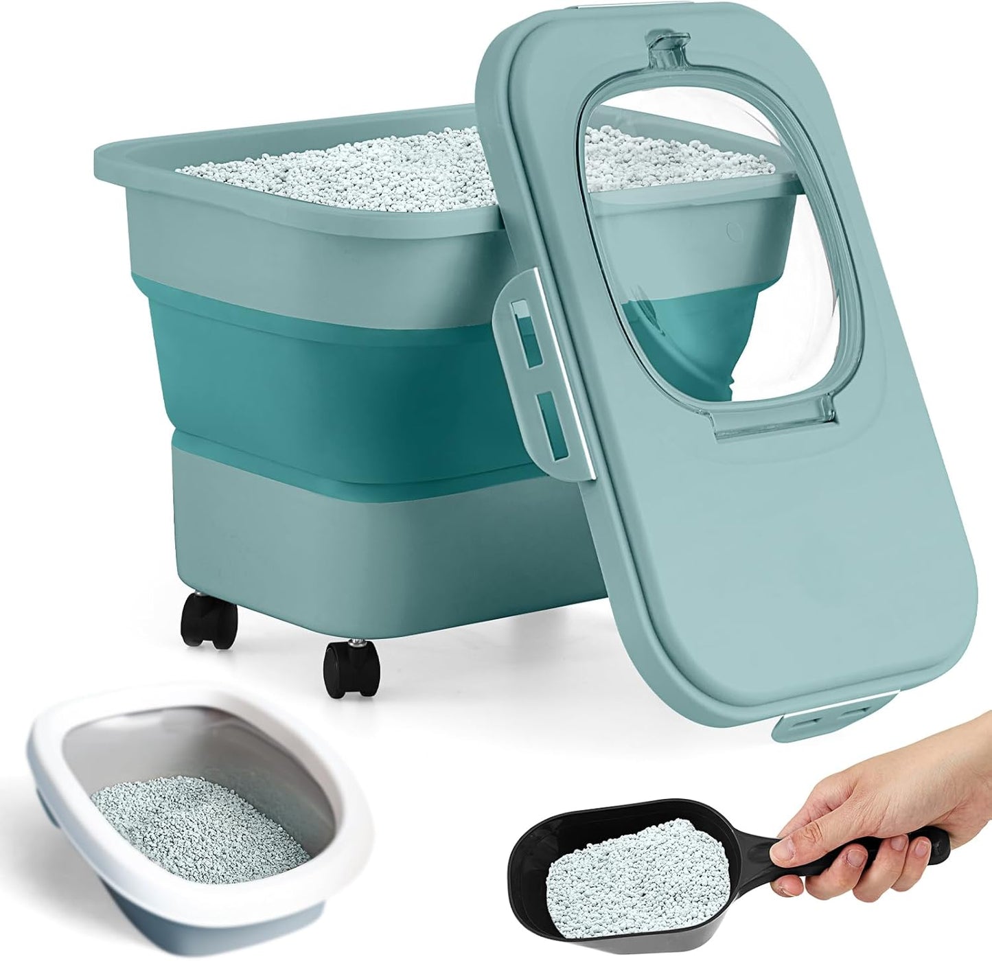 Collapsible Cat Litter Storage Bin with Airtight Lids and Wheels