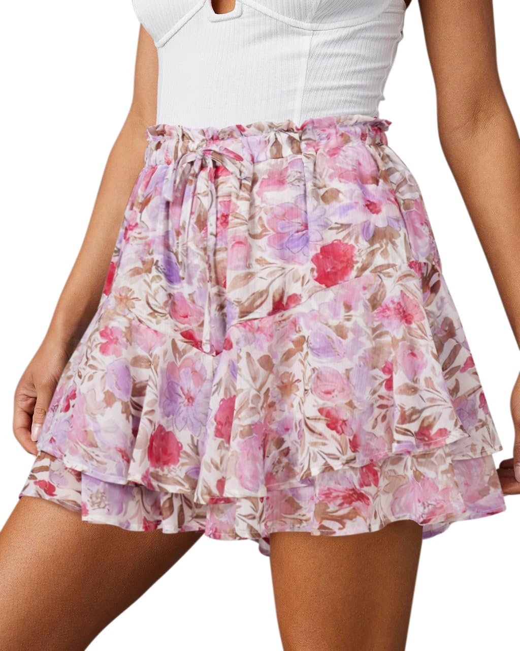 Flowy Shorts for Women Casual Boho Floral Ruffle Mini Skirts