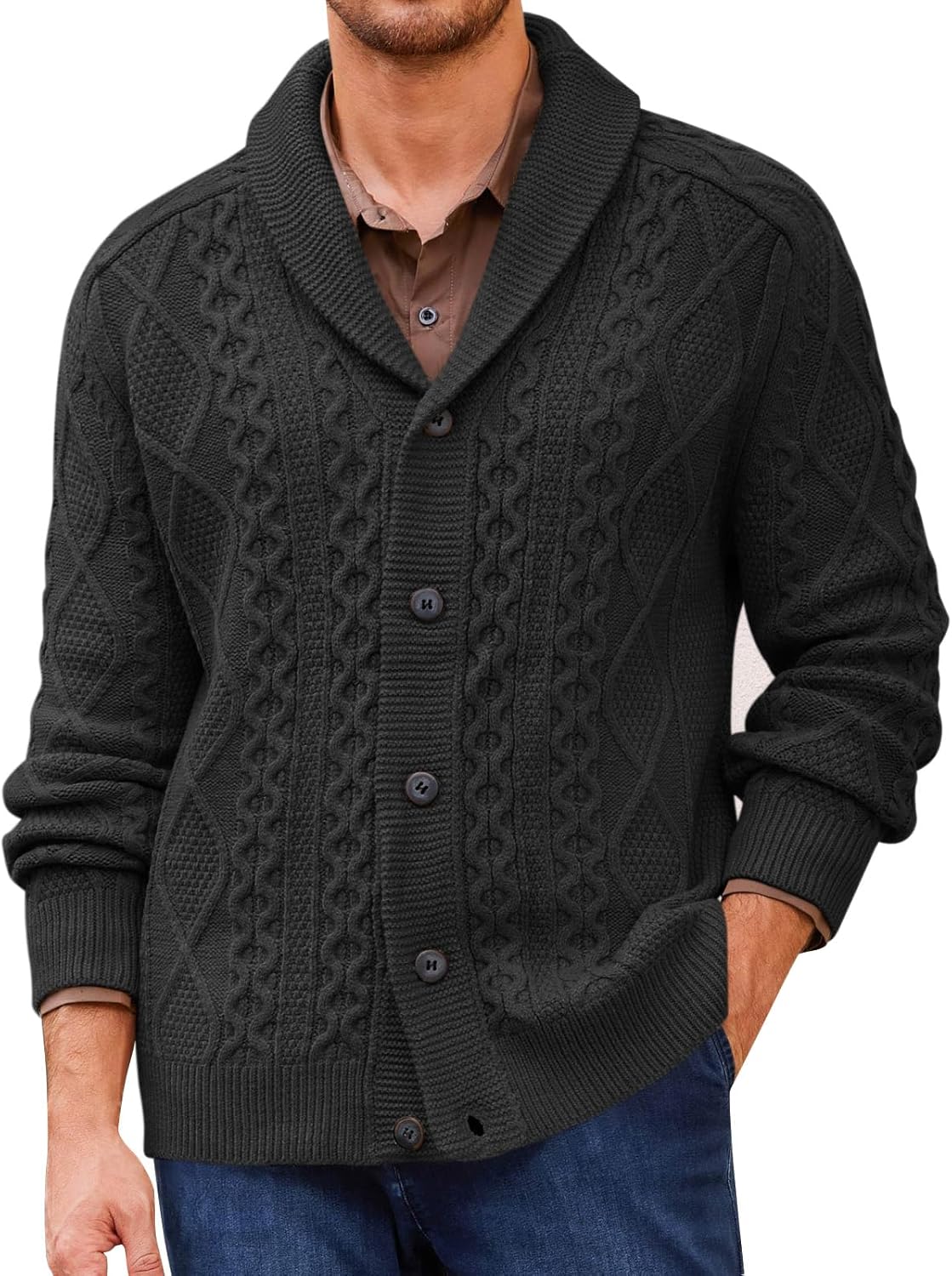 Runcati Mens Shawl Collar Cardigan Sweater for Fall and Winter