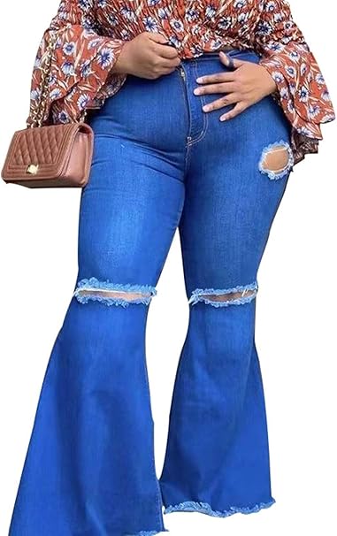 HannahZone Womens Ripped Bell Bottom Plus Size Jeans for Comfort