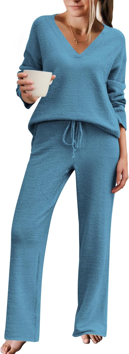 Ekouaer Womens Pajama Sets Cozy Fleece Sleepwear for Fall