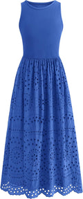 Women Summer Tank Maxi Dress with Pockets - Boho Lace Eyelet Cotton