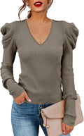 Women's Puff Long Sleeve Knit Pullover Sweater - Slim V Neck