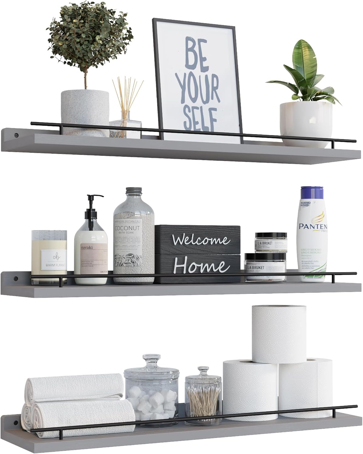 WOPITUES Floating Shelves Set of 3 with Metal Guardrail for Home