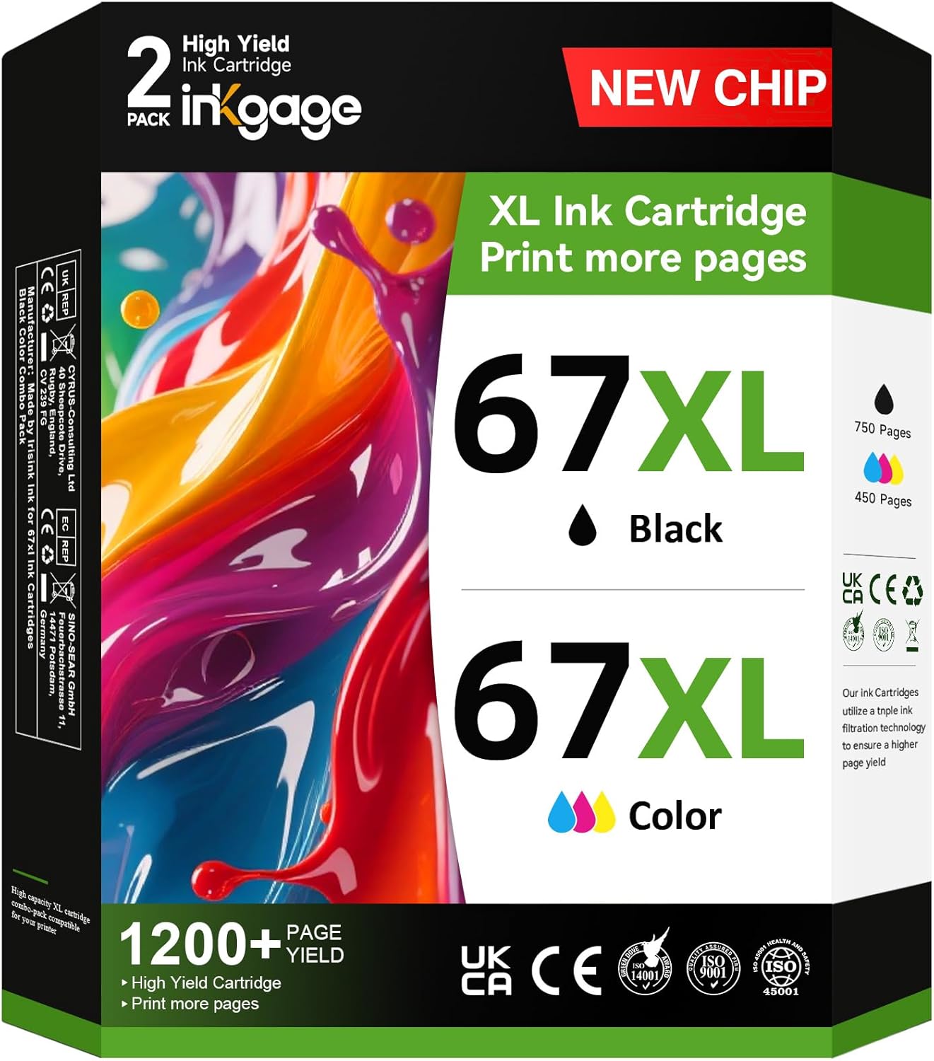 67XL Ink Cartridges Compatible for HP Printers - Black/Color Pack