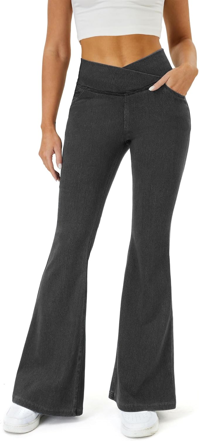 Trendy Crossover Bell Bottom Jeans for Women with Pockets