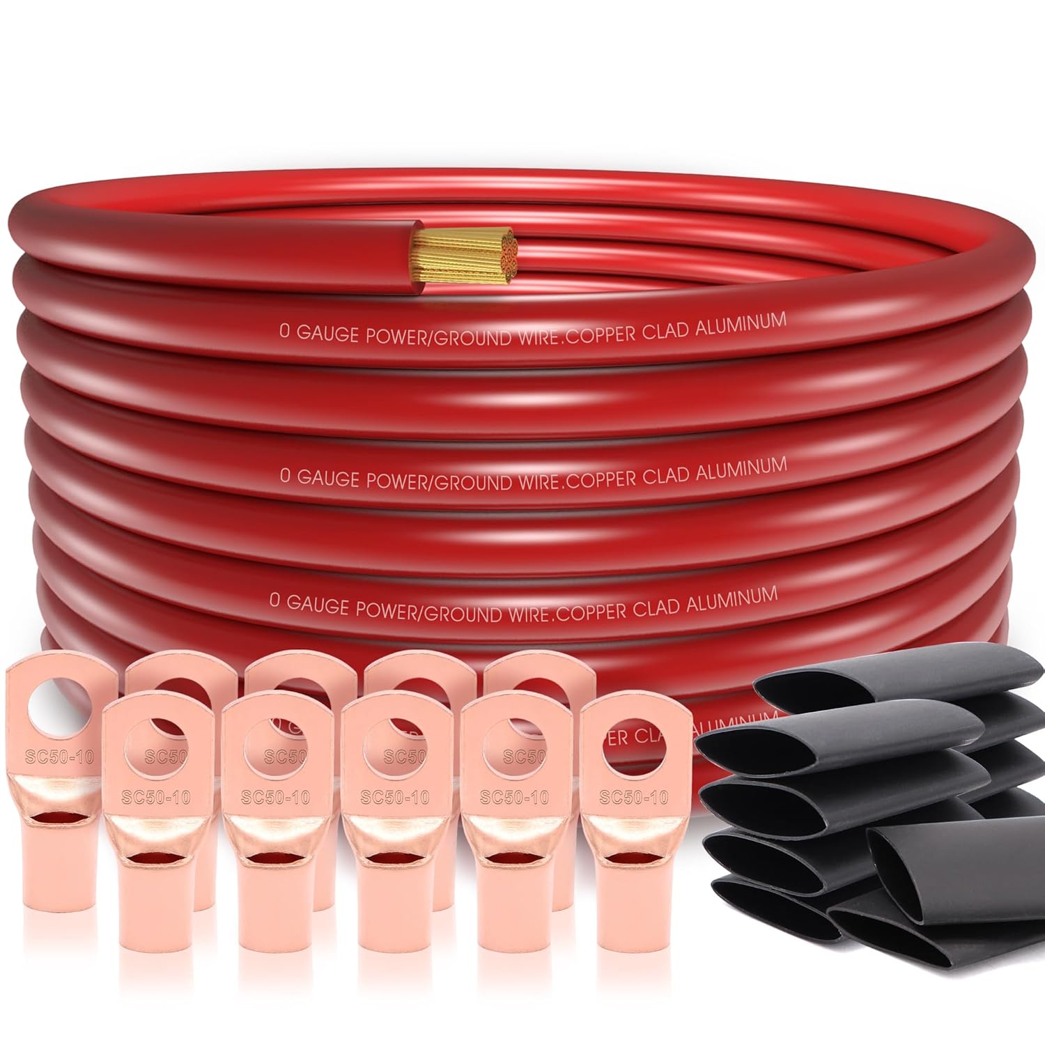 20FT 1/0 Gauge Wire Copper Clad Aluminum with Lugs & Shrink Tube