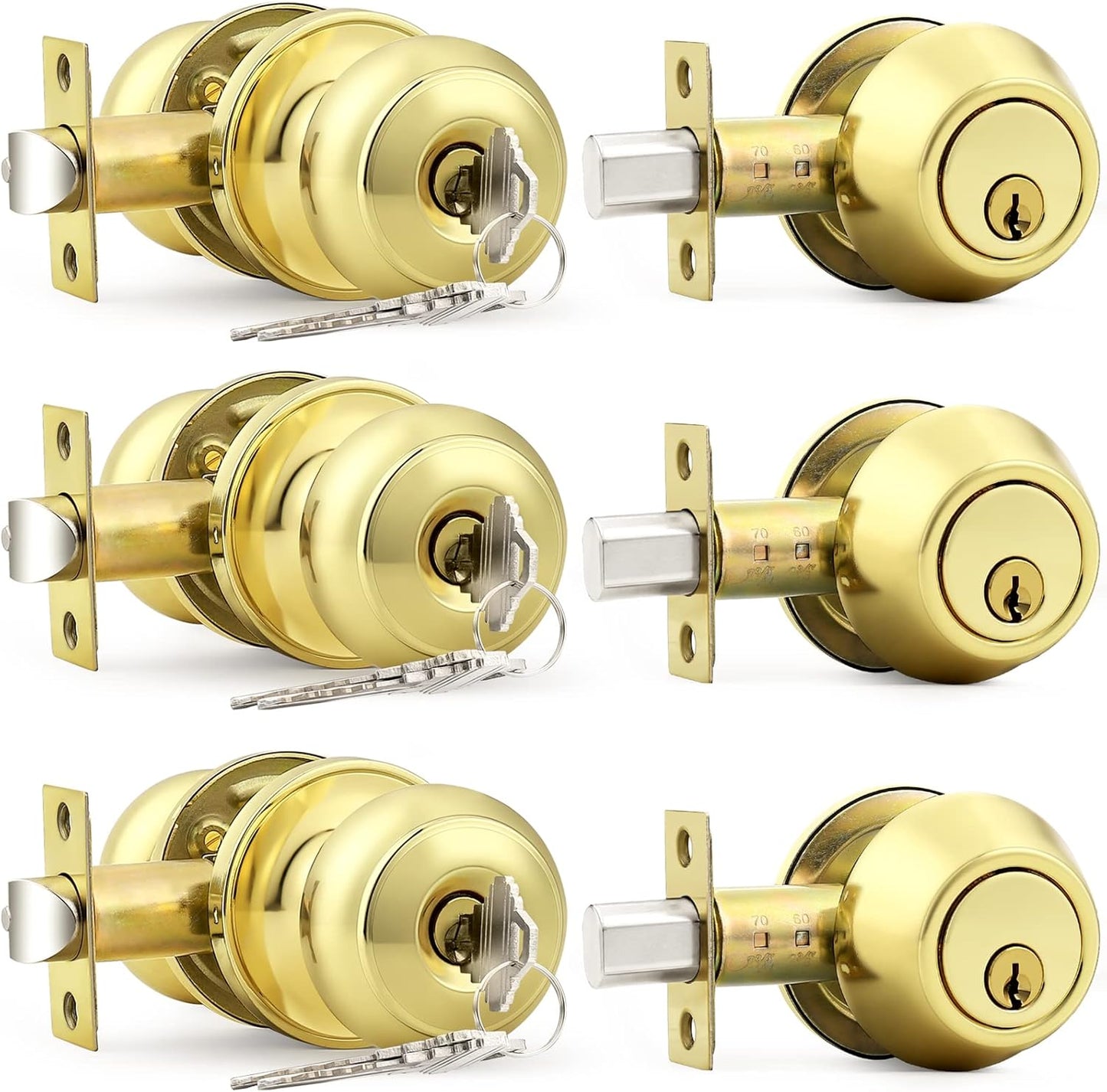 Probrico Polished Brass Entry Door Knob Lock Set for Security