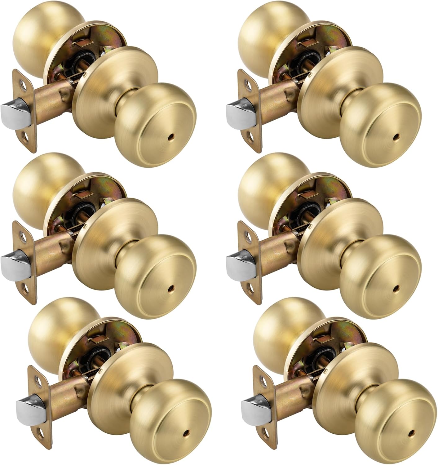 6 Pack Gold Door Knobs for Privacy and Bedroom Use in Satin Brass