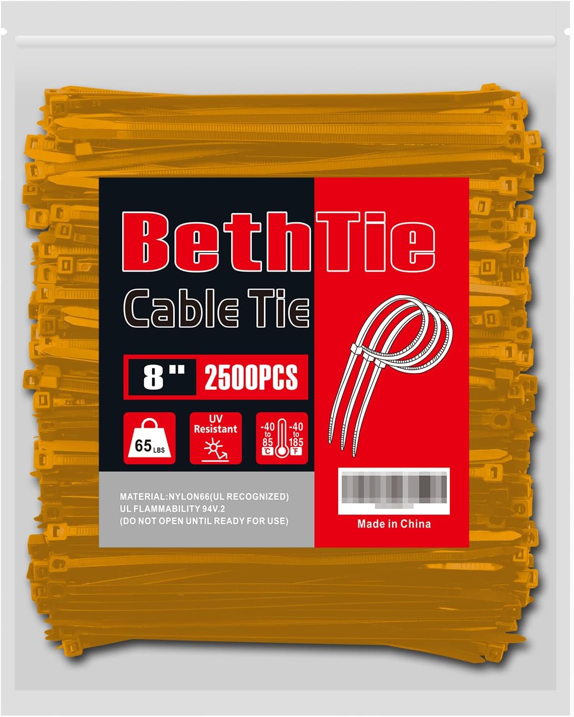 8 Inch Gold Zip Ties - 2500 Pack with 65 LBS Strength