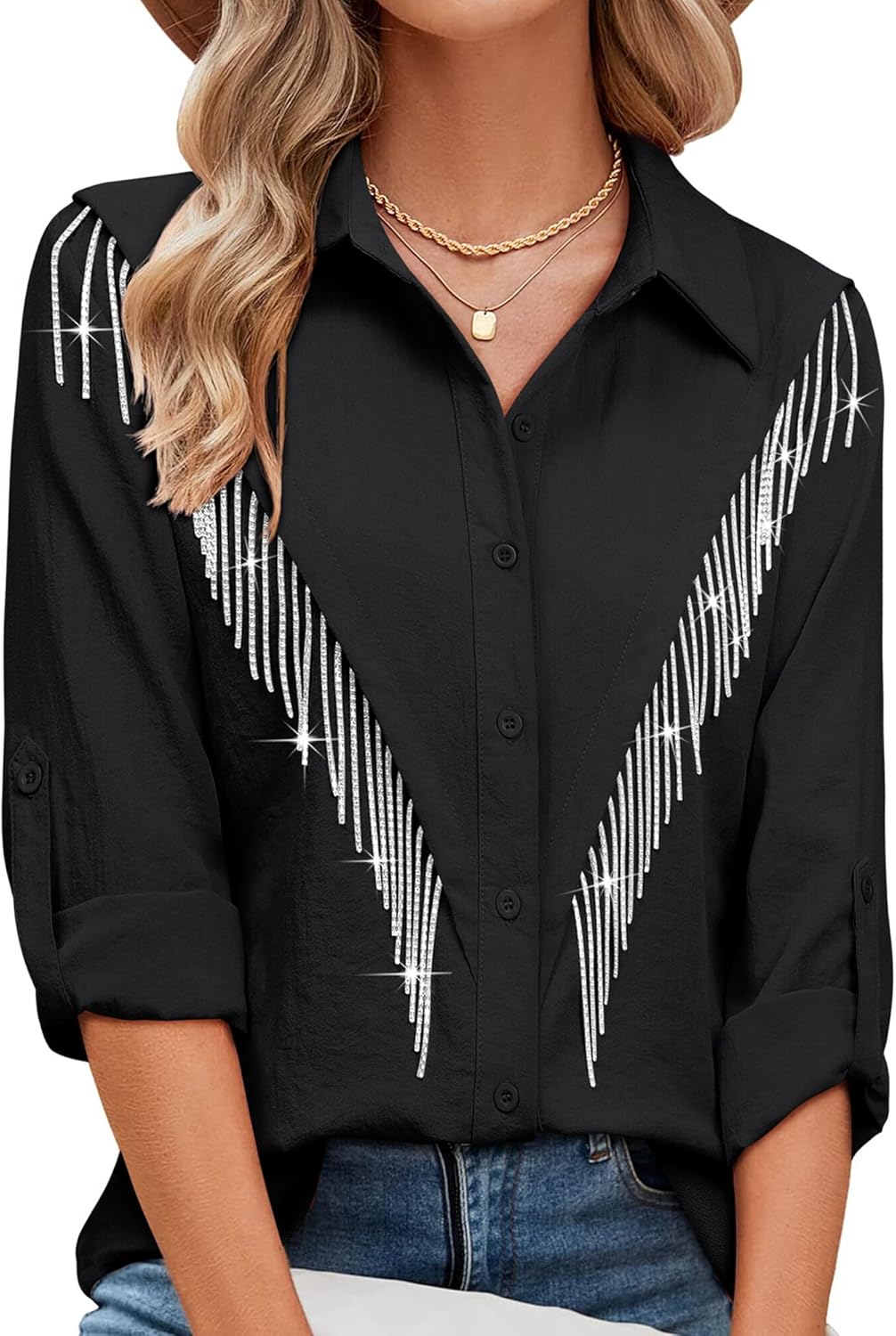 MYMORE Womens Sparkly Fringe Button Down Shirt for Cowgirls