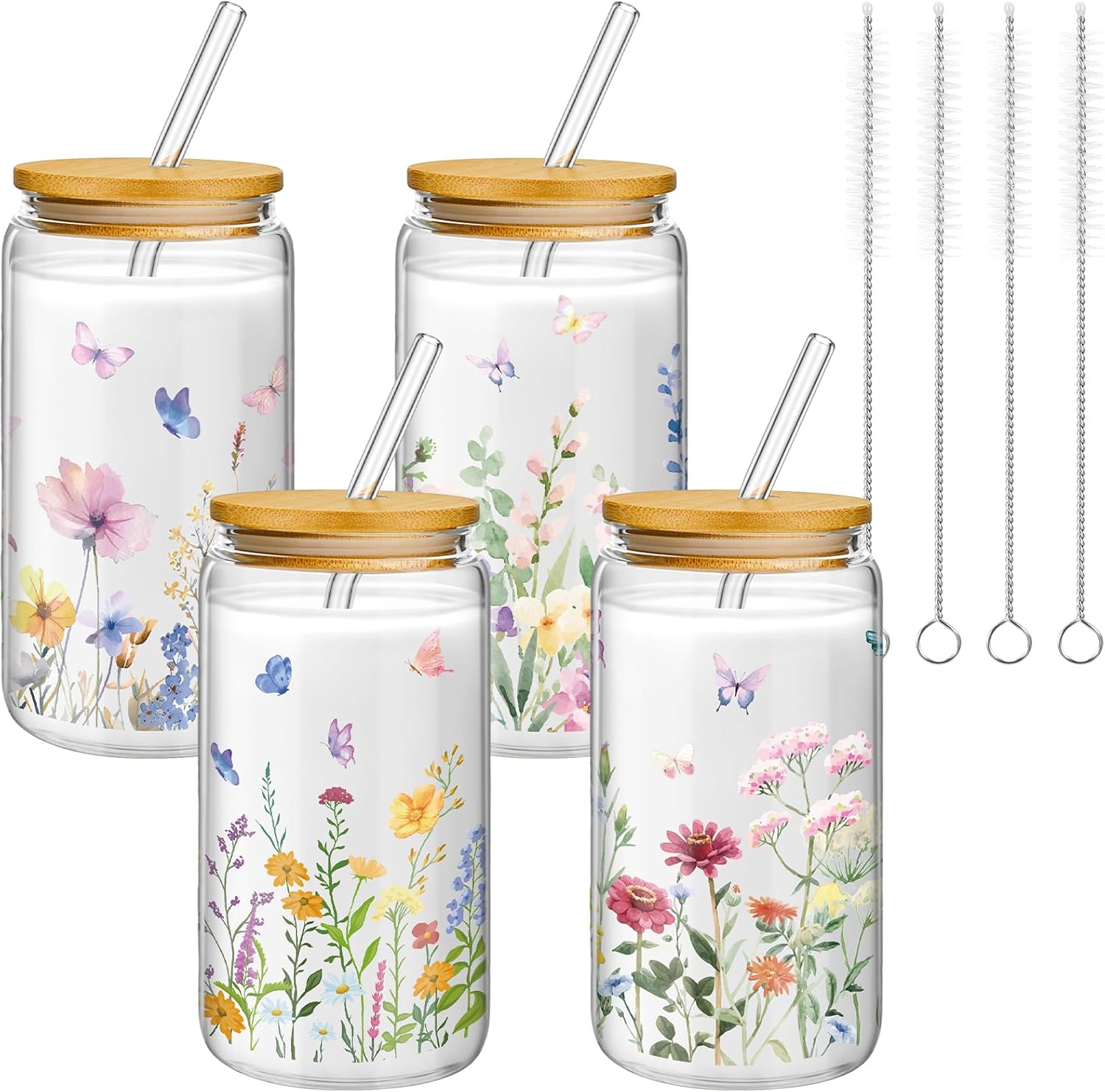 Wild Flower Glass Tumbler Set with Bamboo Lid & Straw Gift