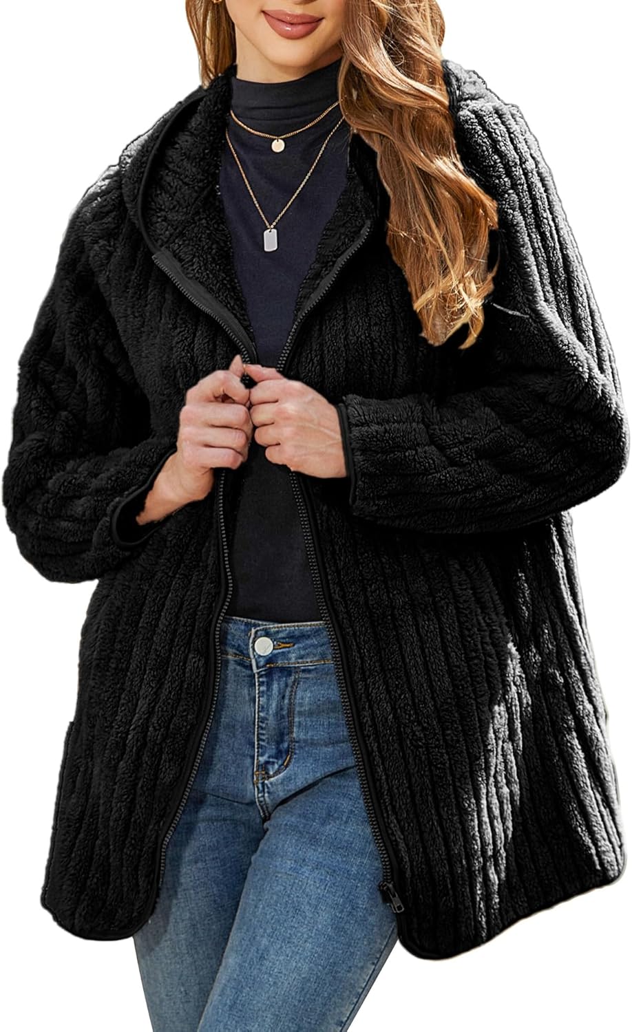 Womens Fleece Jacket Hooded Winter Warm Full Zip Long Sleeve