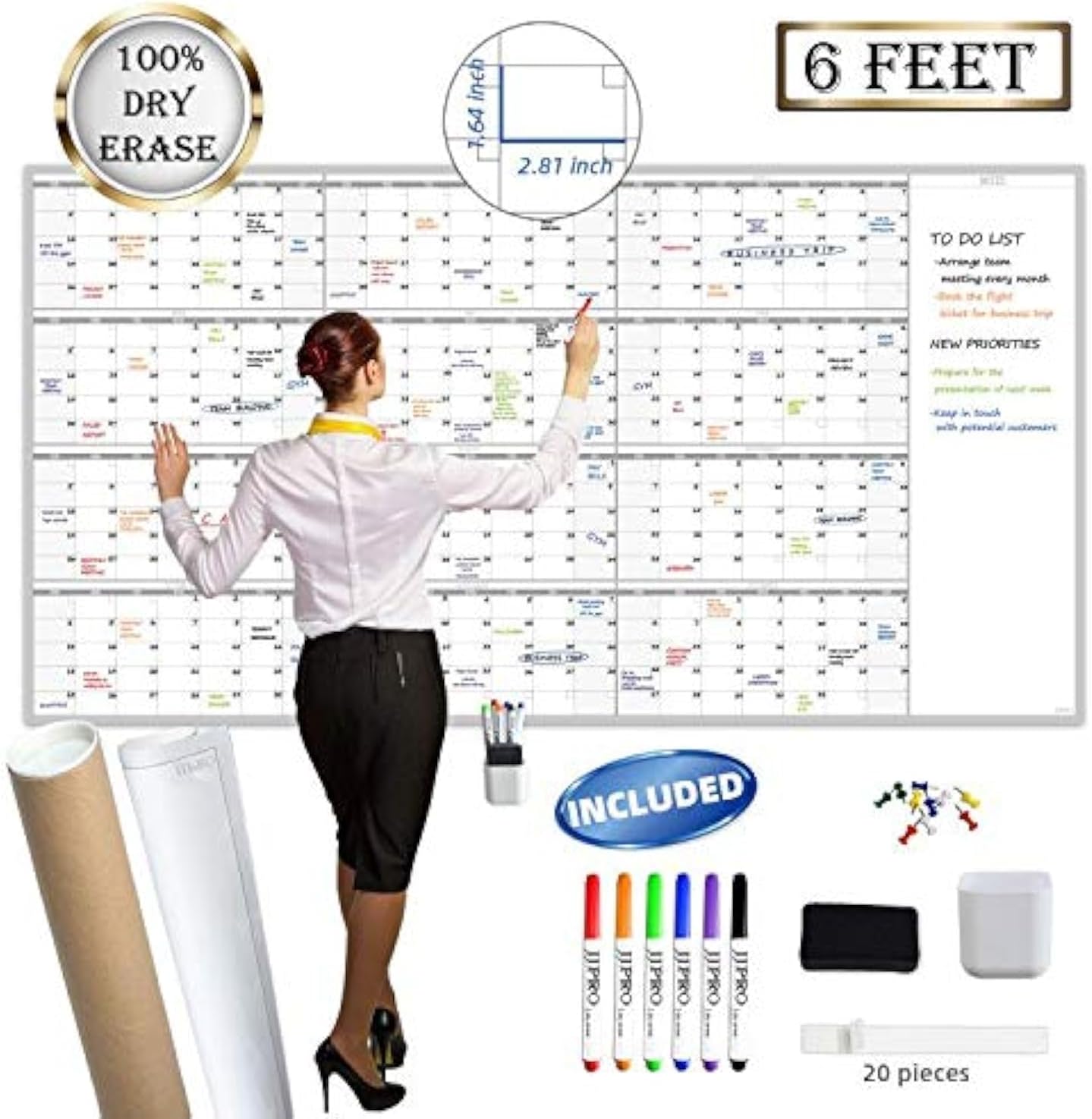 Large Reusable Dry Erase Yearly Wall Calendar for Home & Office