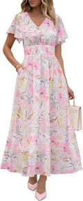 Womens Floral Chiffon Maxi Dress V Neck Short Sleeve - Flowy