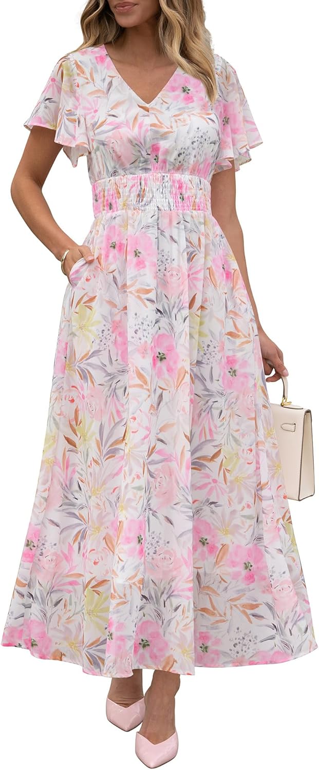 Womens Summer Floral Maxi Dress V Neck Short Sleeve Boho Style