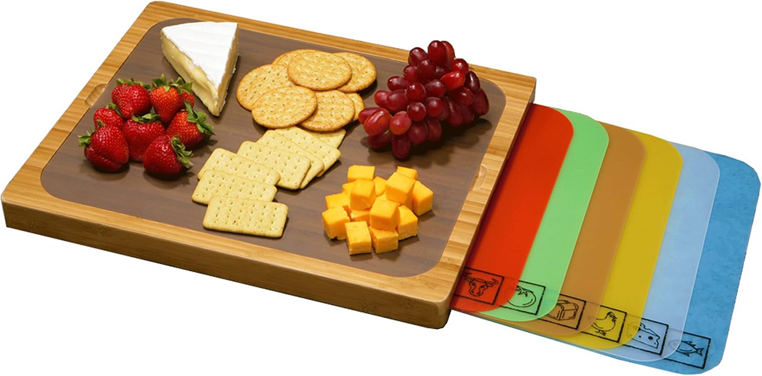 Bamboo Premium Wood Cutting Board with Color-Coded Mats for Chopping