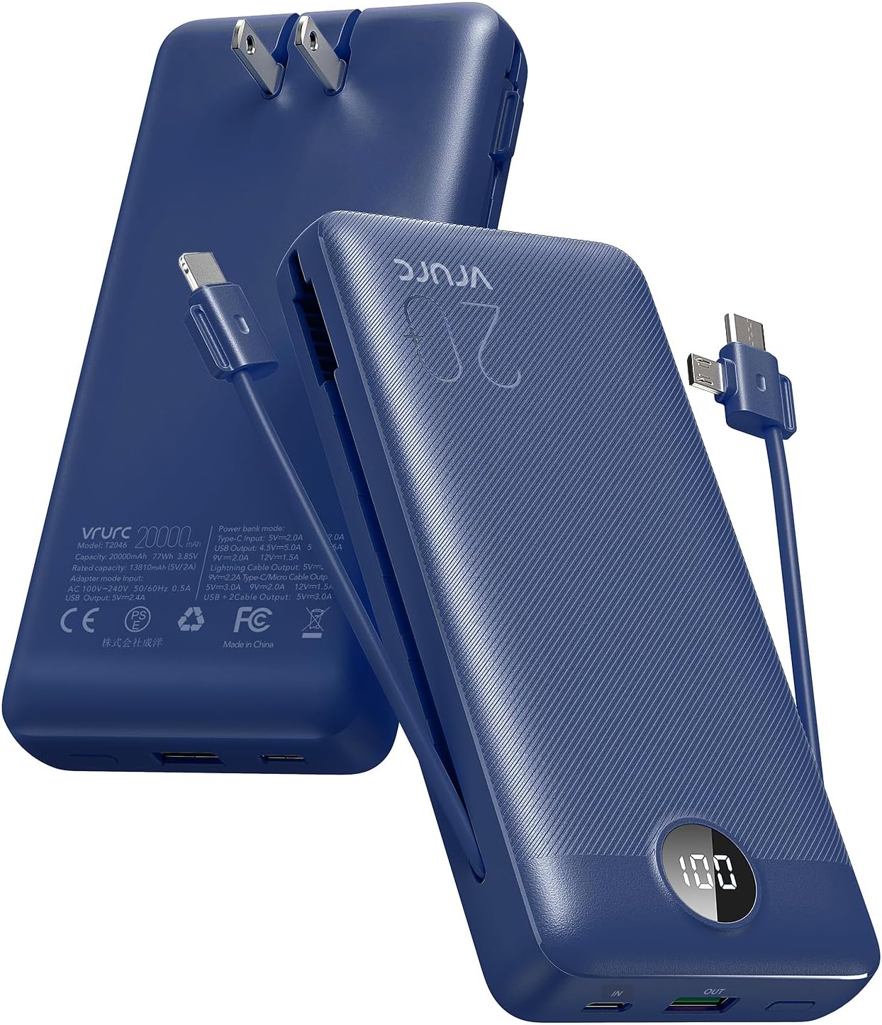 20000mAh Fast Charging Power Bank with Built-in Cables & Wall Plug