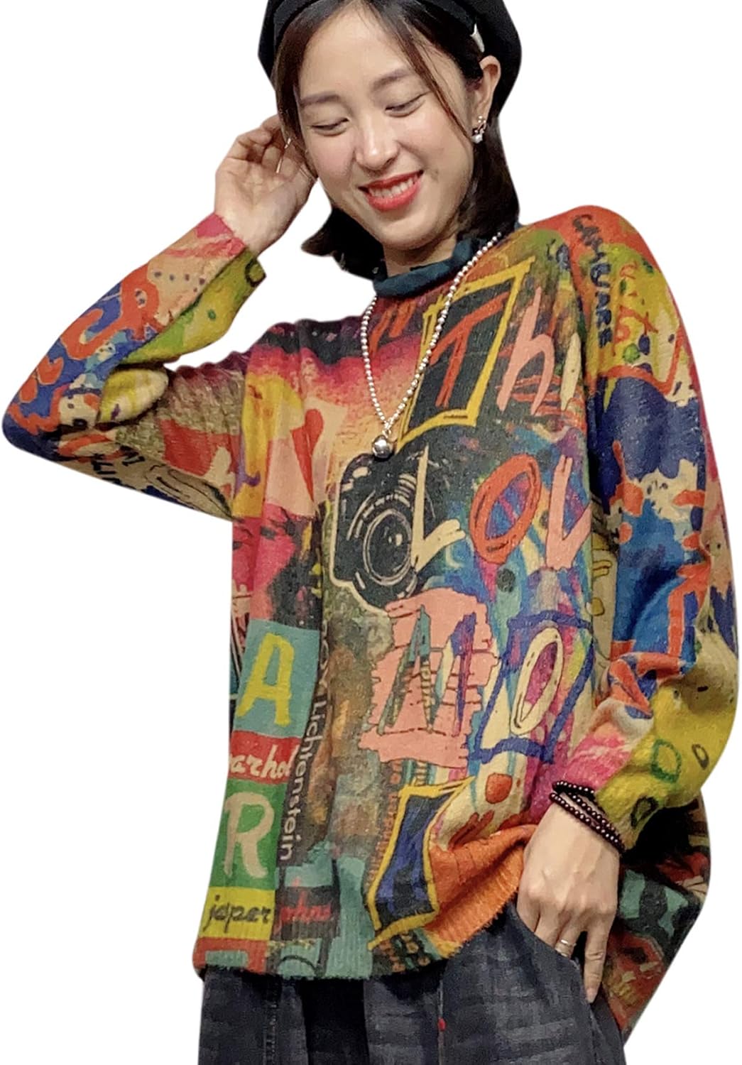 YESNO Women Christmas Sweater Graphic Printed Oversized Pullover