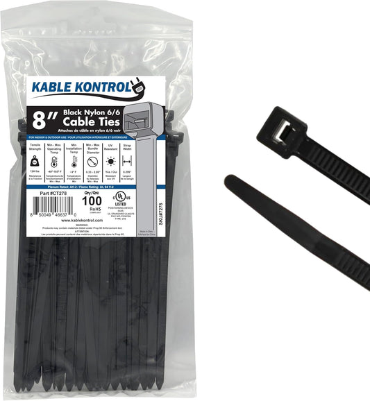 100Pc 8 Black Cable Ties - 120 Lbs Strength