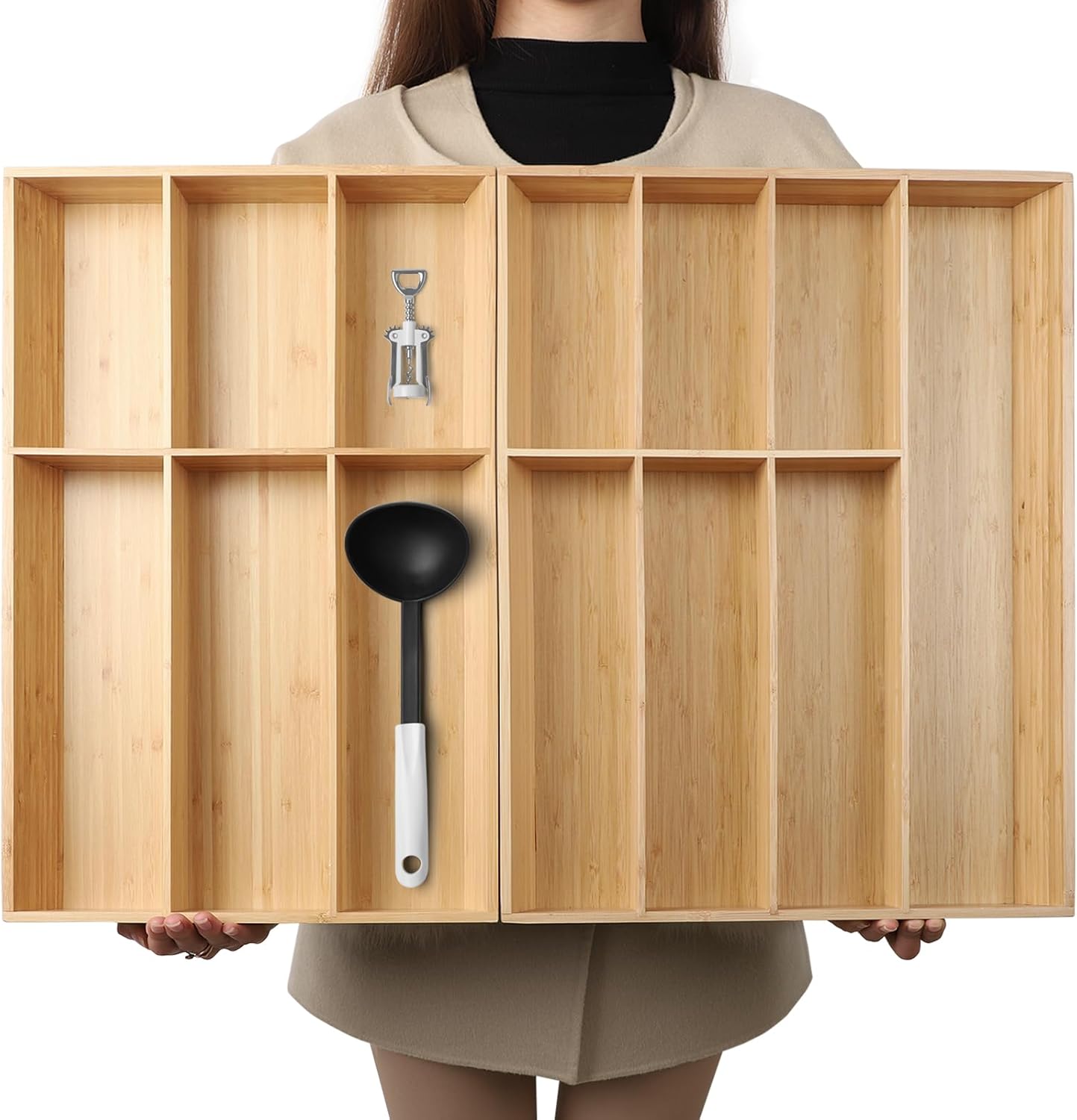 V-Shaped Extra Large Bamboo Drawer Organizer Set of 2 for Home